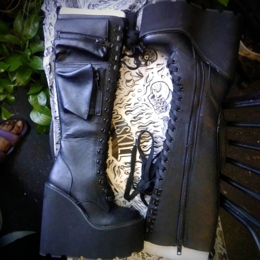 Dolls Kill Black Lace-Up Platform Knee-High Boots